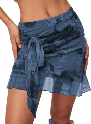 Women's Mesh Mini Skirt Tie High Waist Summer Floral Print Ruched Ruffle Short Skirts