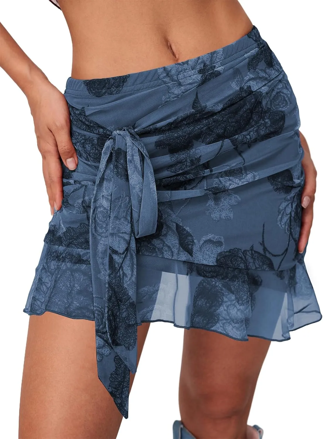 Women's Mesh Mini Skirt Tie High Waist Summer Floral Print Ruched Ruffle Short Skirts