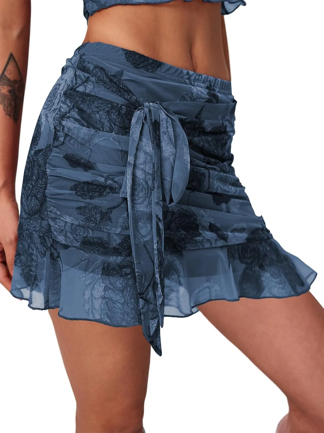 Women's Mesh Mini Skirt Tie High Waist Summer Floral Print Ruched Ruffle Short Skirts