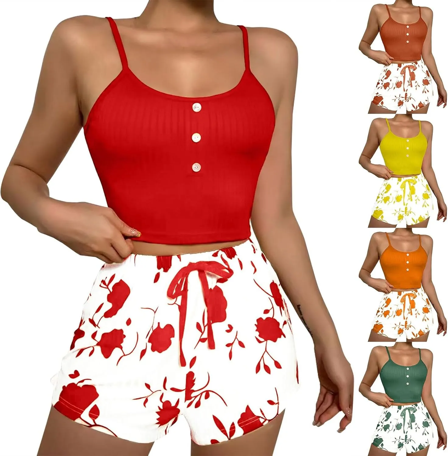 Womens Pajama Sets 2 Piece Soft Tank Top & Cute Print Elastic Waist Shorts Camisole Lounge Set