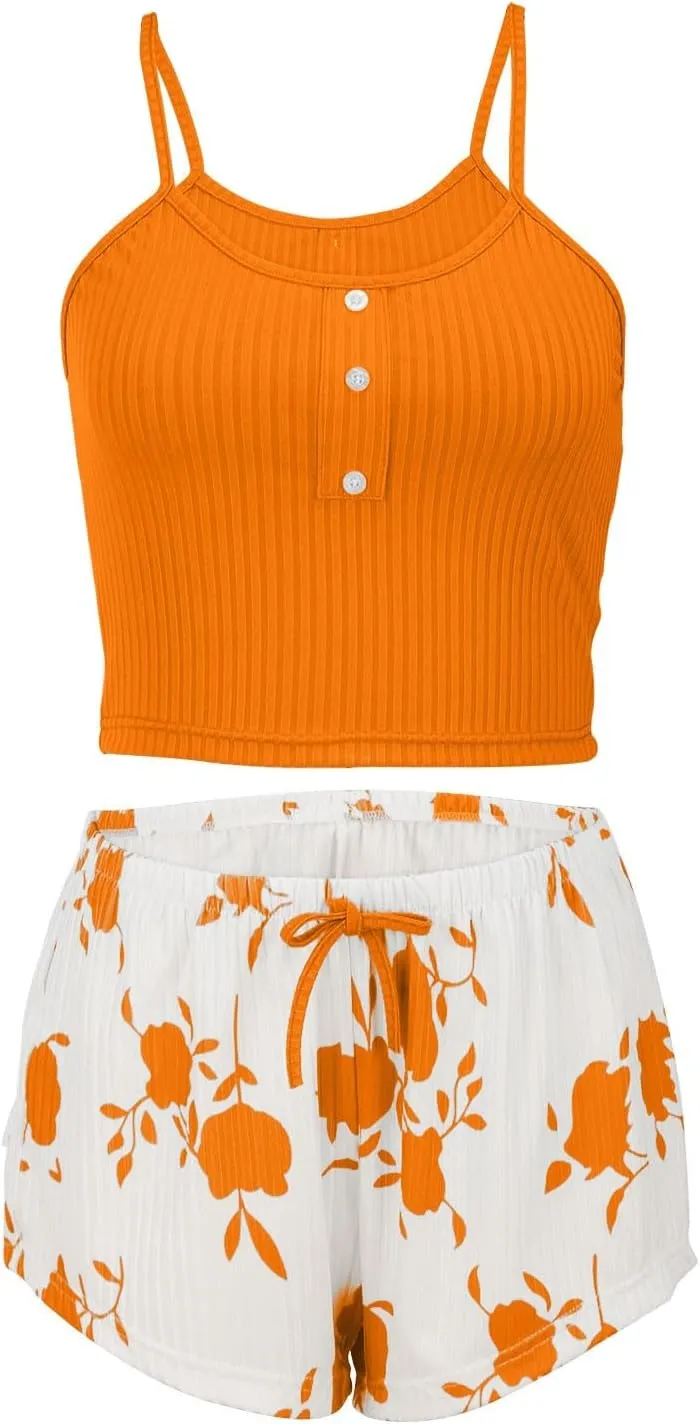 Womens Pajama Sets 2 Piece Soft Tank Top & Cute Print Elastic Waist Shorts Camisole Lounge Set