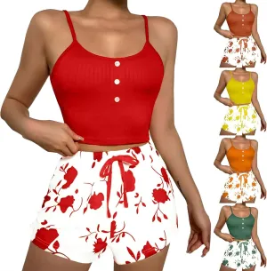 Womens Pajama Sets 2 Piece Soft Tank Top & Cute Print Elastic Waist Shorts Camisole Lounge Set
