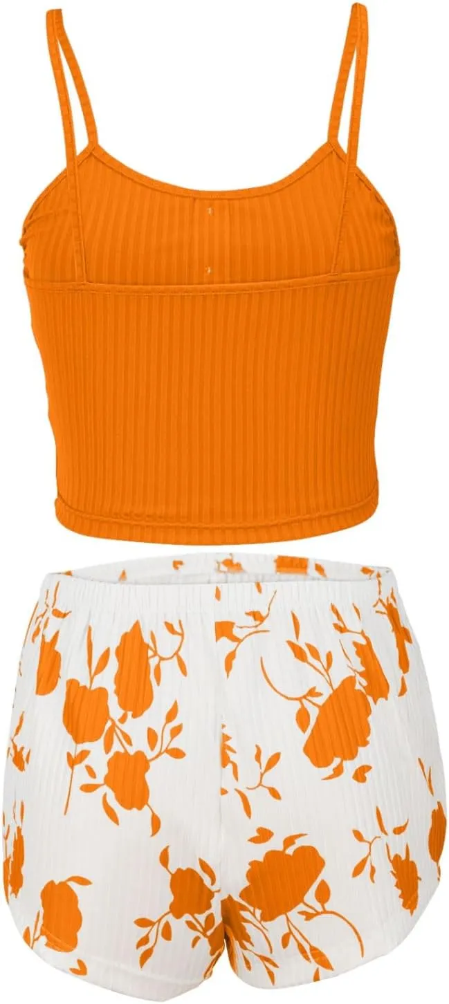 Womens Pajama Sets 2 Piece Soft Tank Top & Cute Print Elastic Waist Shorts Camisole Lounge Set
