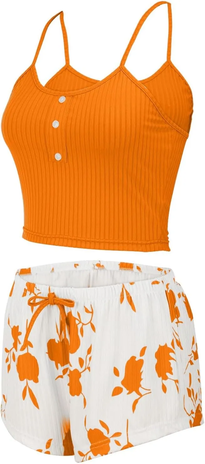 Womens Pajama Sets 2 Piece Soft Tank Top & Cute Print Elastic Waist Shorts Camisole Lounge Set