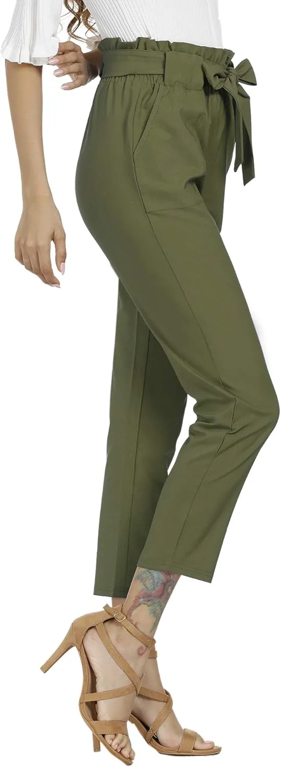 Women's Pants Casual Trouser Paper Bag Pants Elastic Waist Slim Pockets