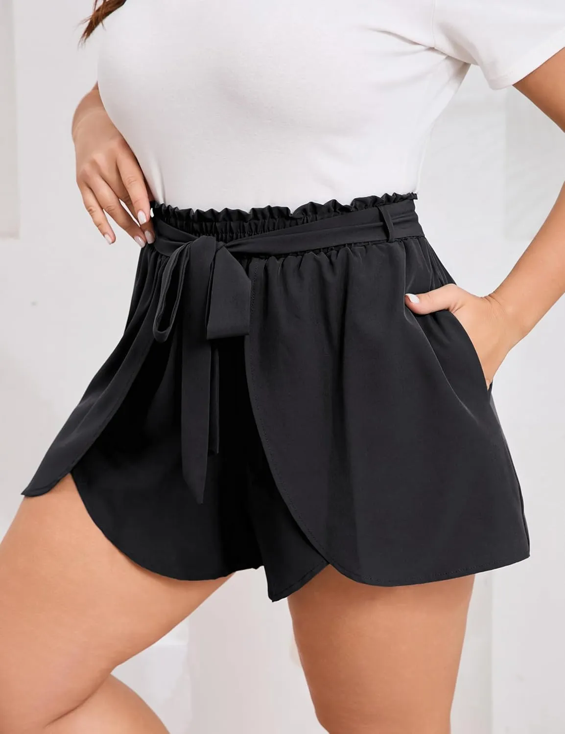 Womens Plus Size Paperbag Shorts Dressy Summer Elastic Waist Petal Wide Leg Flowy Comfy Lounge Shorts
