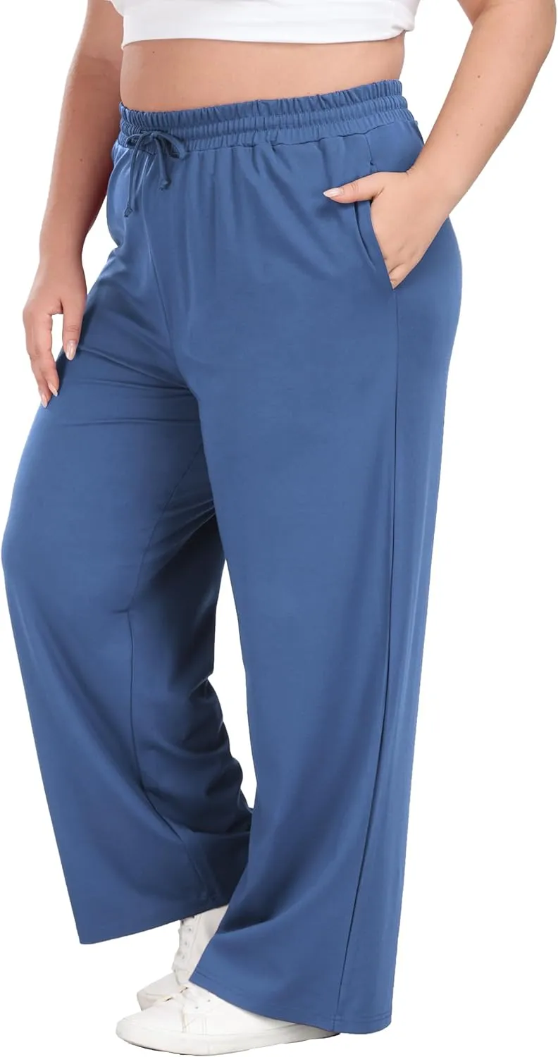 Women's Plus Size Wide Leg Pants Elastic Waist Casual Pants Summer Loose Fit Sweatpants with Pockets Drawstring