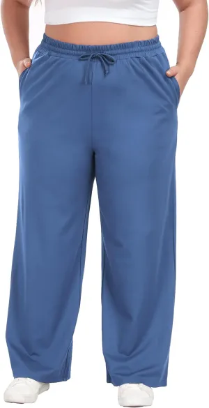 Women's Plus Size Wide Leg Pants Elastic Waist Casual Pants Summer Loose Fit Sweatpants with Pockets Drawstring