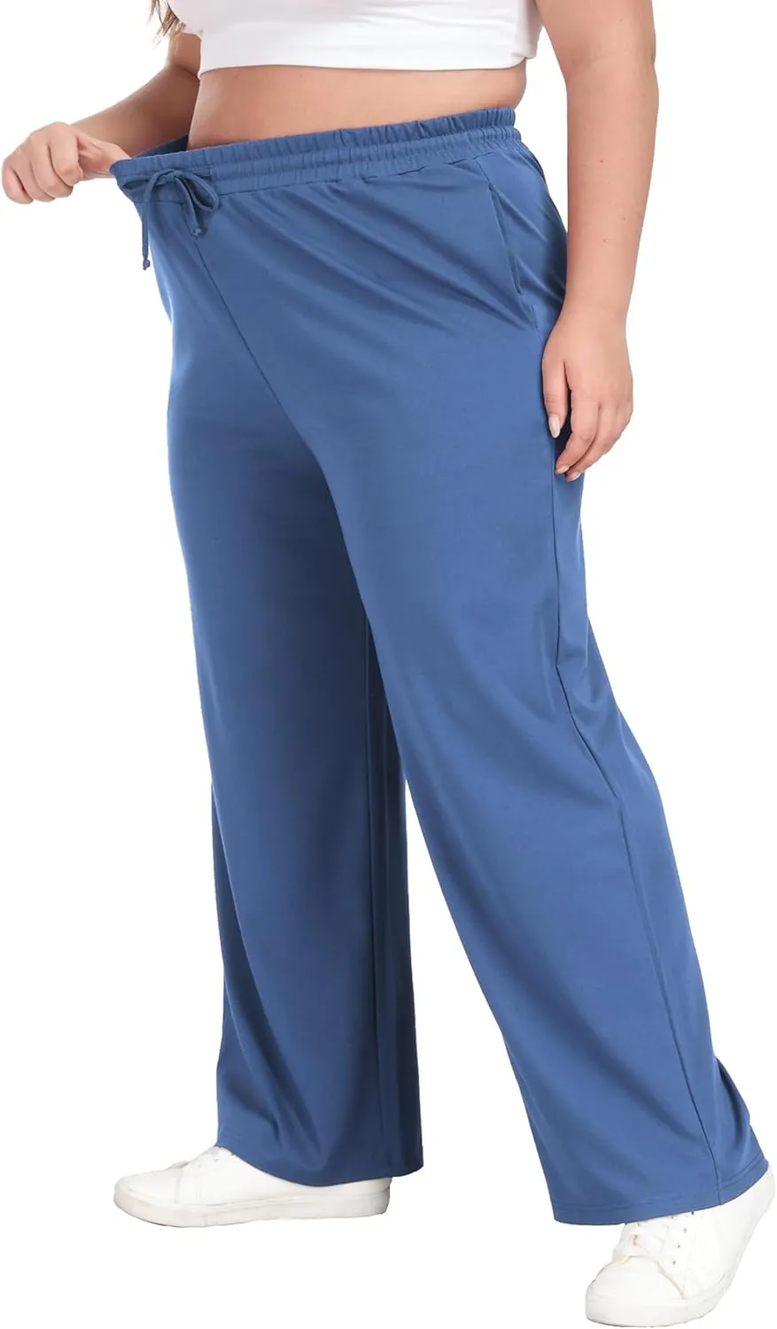 Women's Plus Size Wide Leg Pants Elastic Waist Casual Pants Summer Loose Fit Sweatpants with Pockets Drawstring