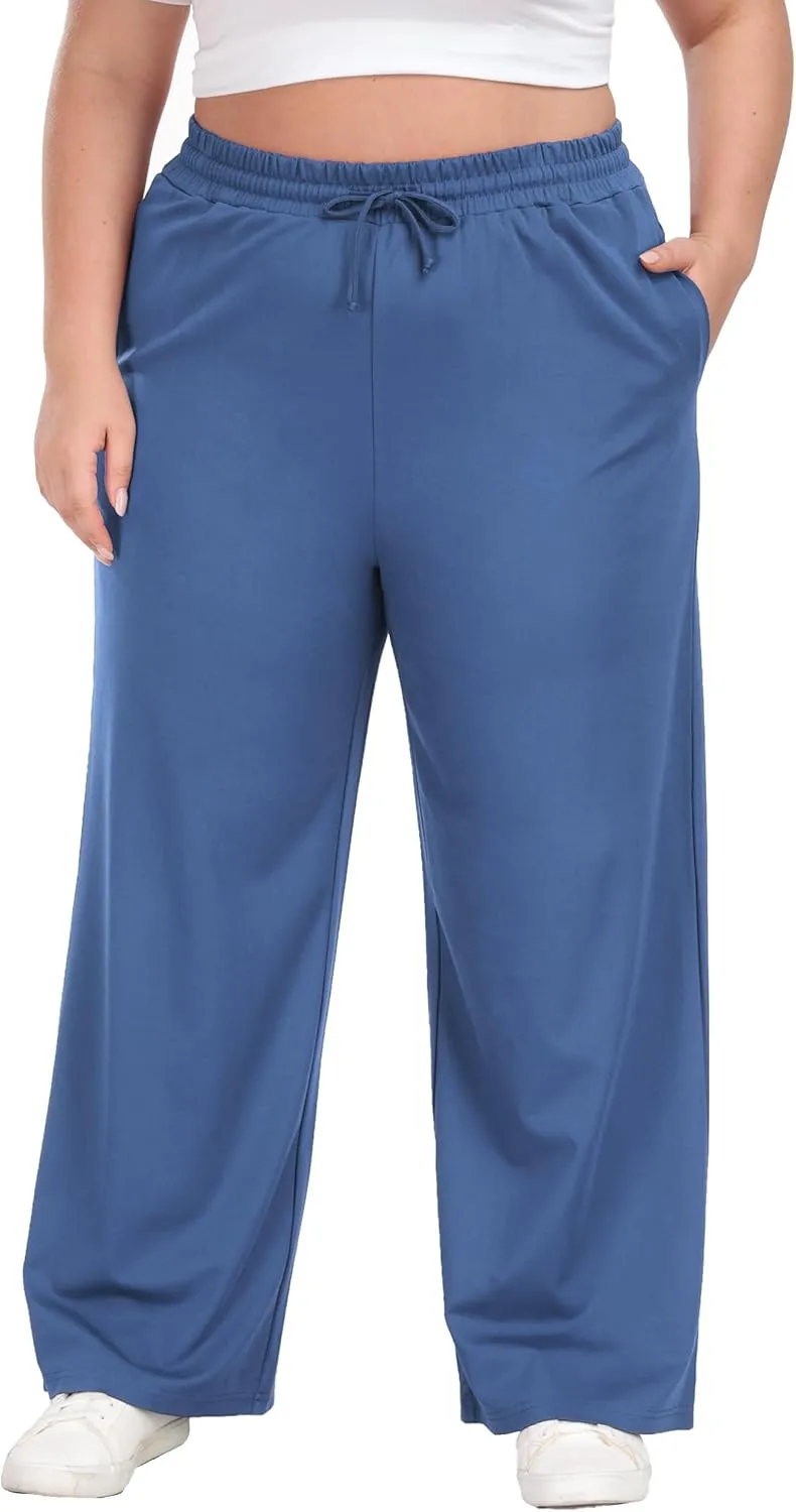 Women's Plus Size Wide Leg Pants Elastic Waist Casual Pants Summer Loose Fit Sweatpants with Pockets Drawstring