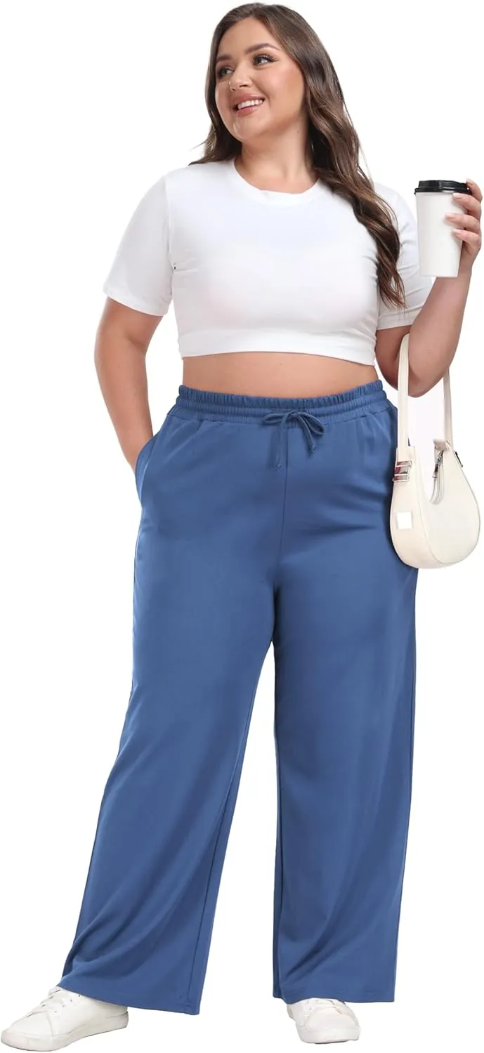Women's Plus Size Wide Leg Pants Elastic Waist Casual Pants Summer Loose Fit Sweatpants with Pockets Drawstring