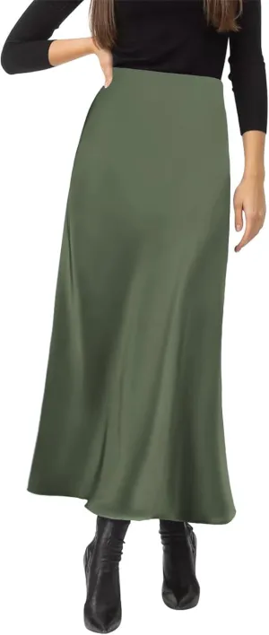 Women's Satin Silky High Waist Maxi Skirt Elegant Elastic Waistband A Line Long Skirts