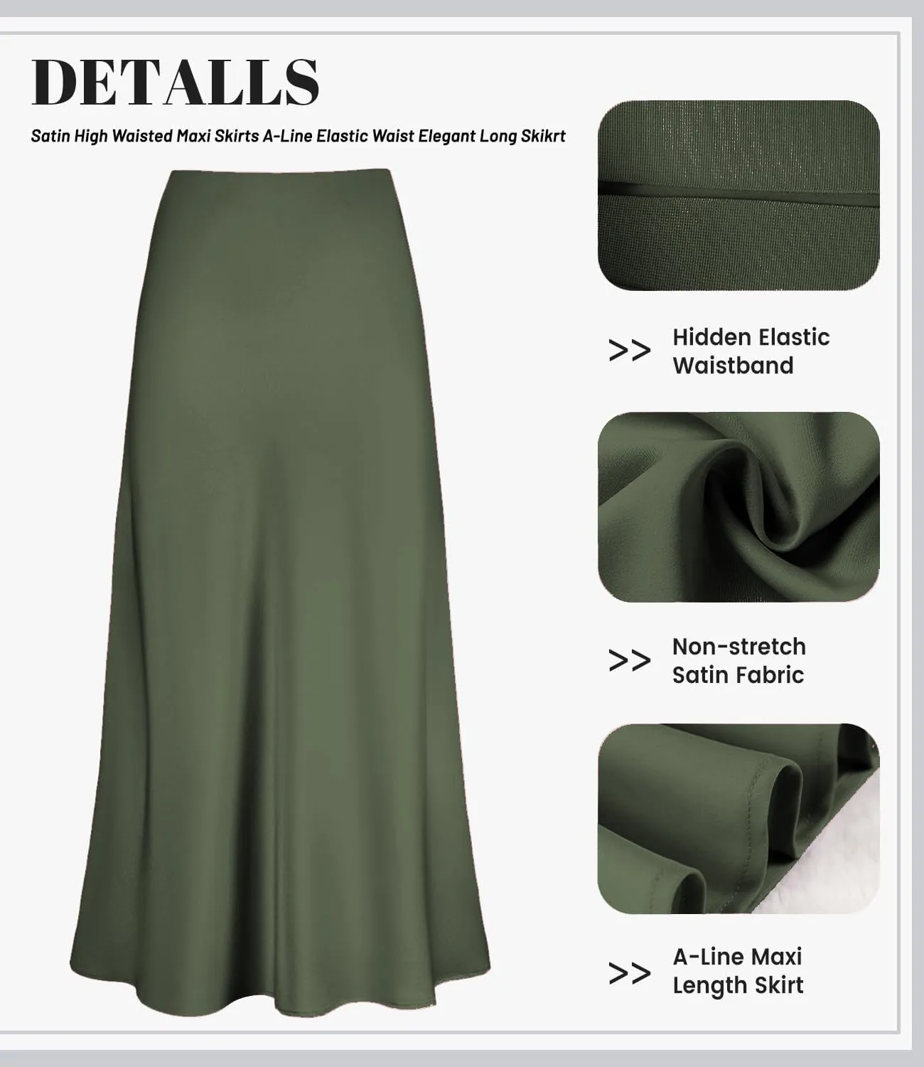 Women's Satin Silky High Waist Maxi Skirt Elegant Elastic Waistband A Line Long Skirts