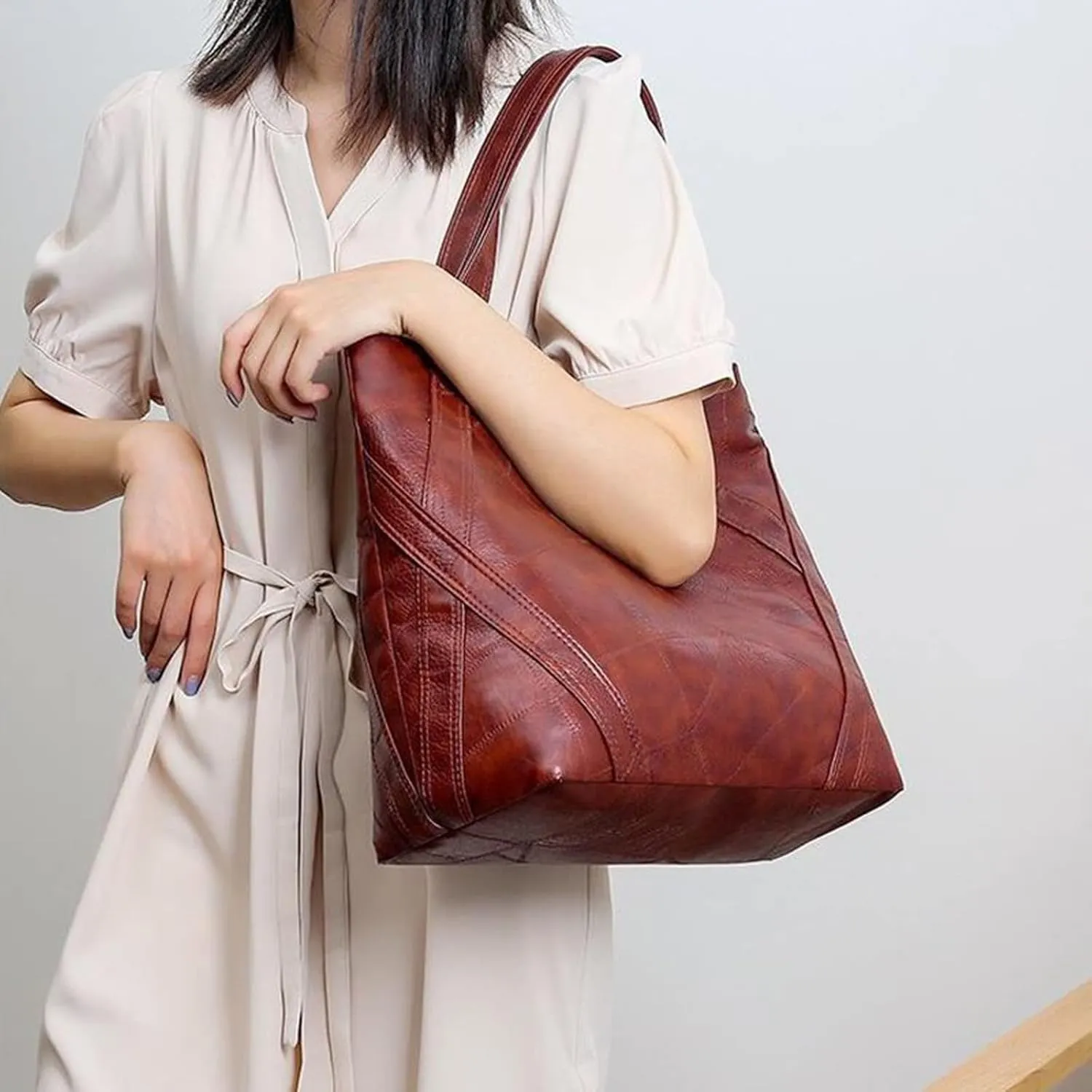 Women's Shoulder Bags Retro Soft Pu Leather Bag，Washed Soft Leather Handbags, Large-Capacity Soft Leather Portable Messenger Shoulder Bag(Brown)