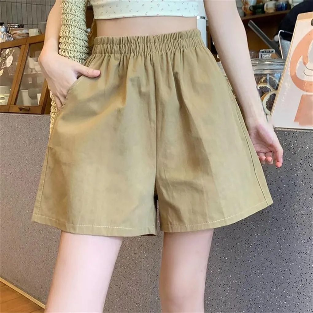 Women's Simple Elastic Waist Shorts Solid Color Loose Cotton Jogging Casual Pants
