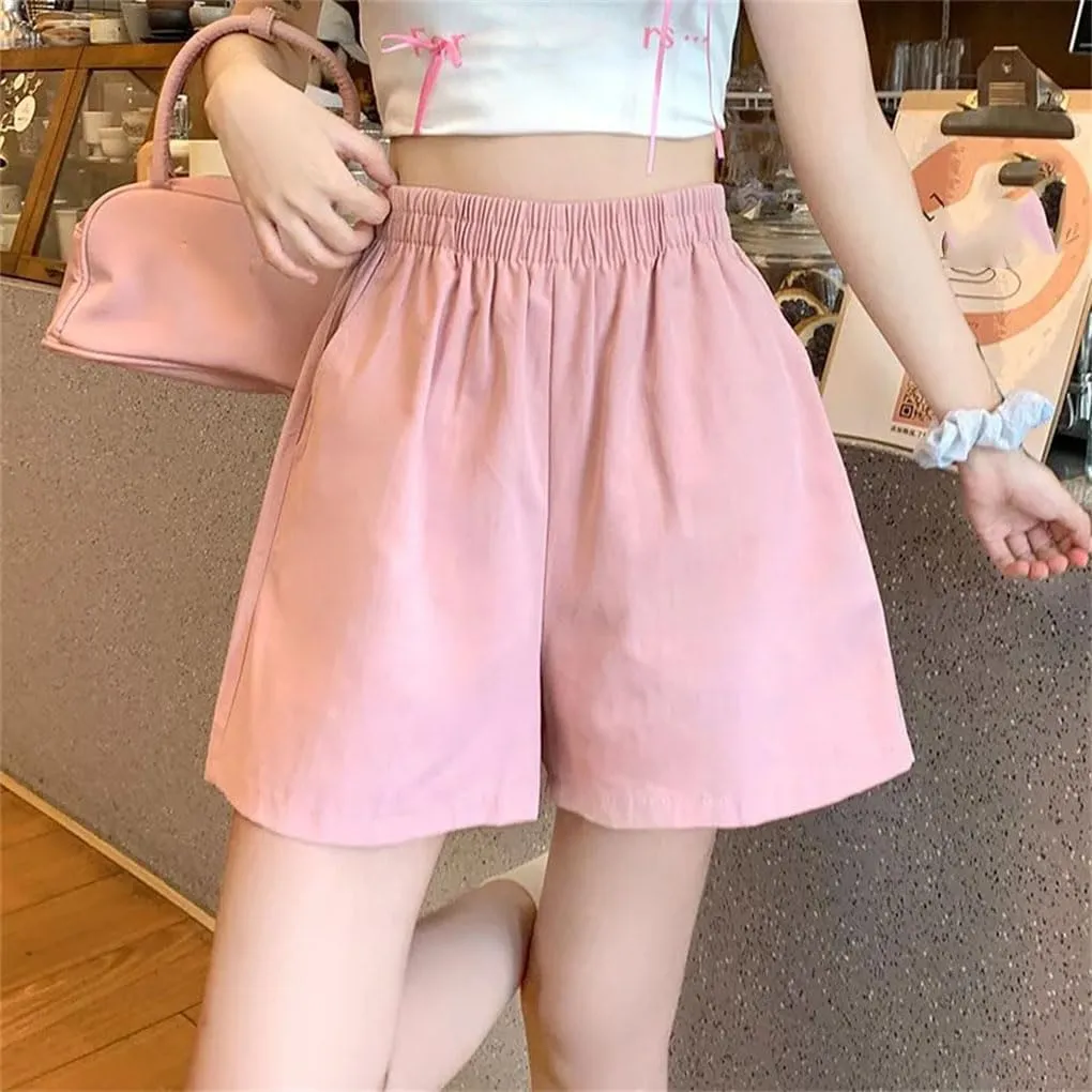 Women's Simple Elastic Waist Shorts Solid Color Loose Cotton Jogging Casual Pants