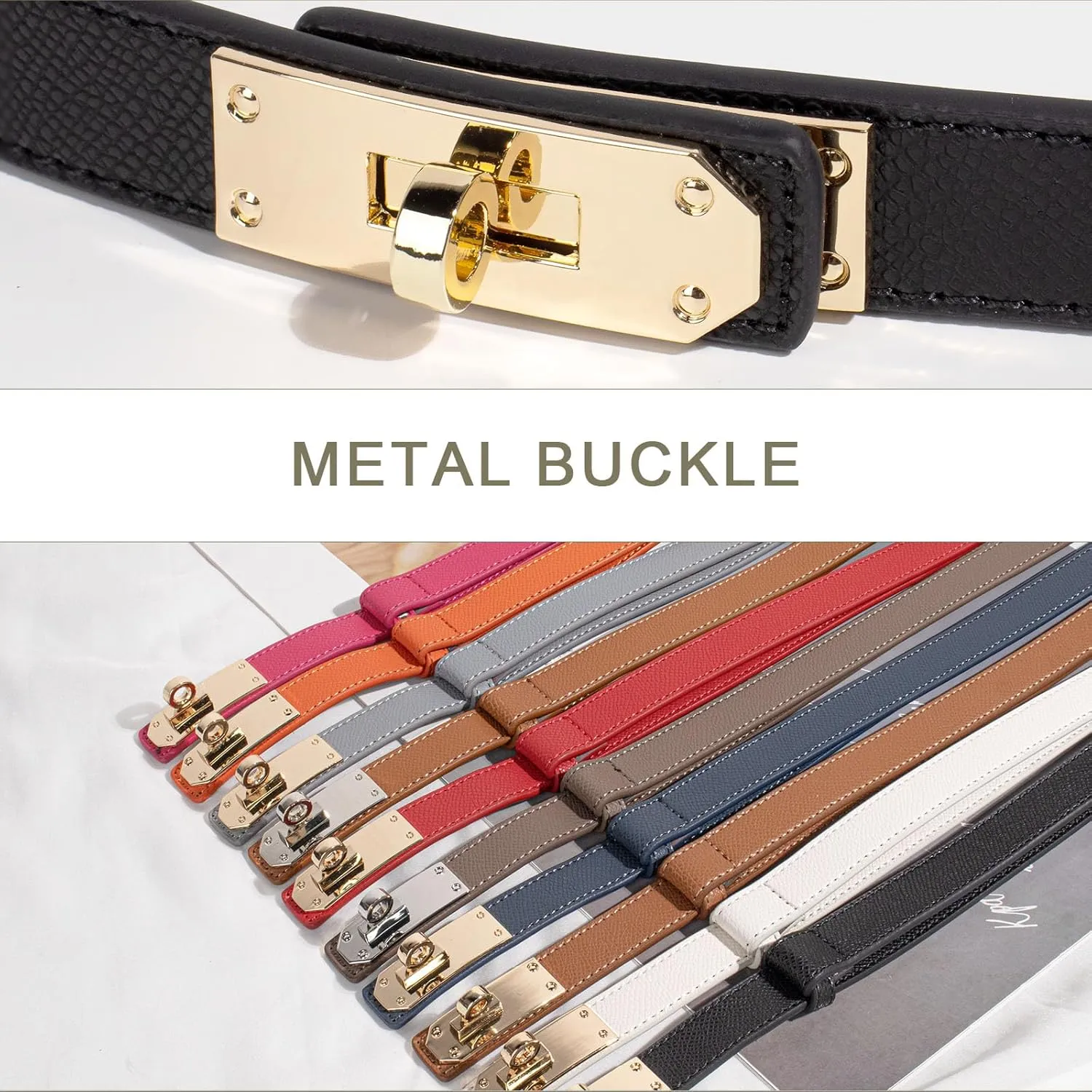 Women's Skinny Belt with Turn-Lock Buckle, Adjustable Women Leather Belt for Dresses, Jeans, Coats