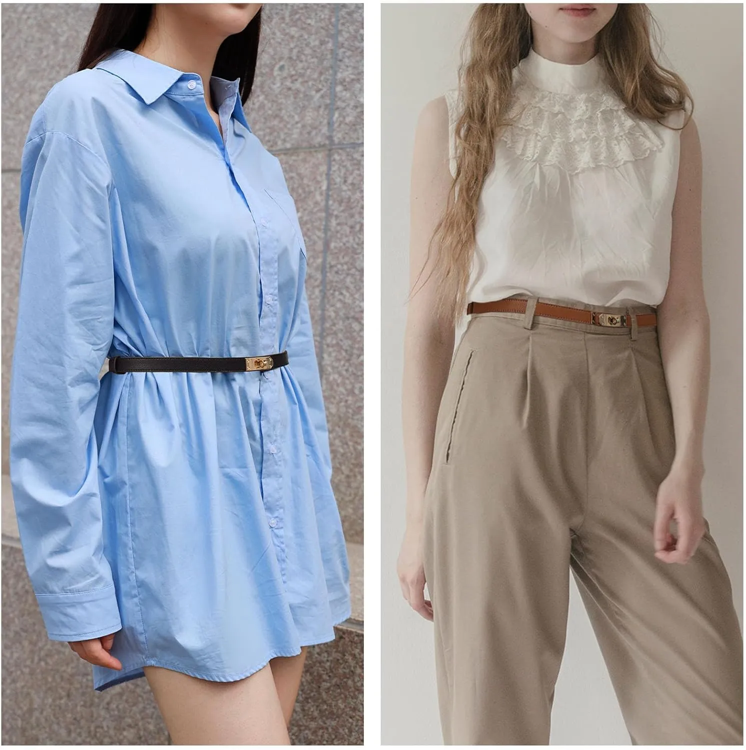 Women's Skinny Belt with Turn-Lock Buckle, Adjustable Women Leather Belt for Dresses, Jeans, Coats