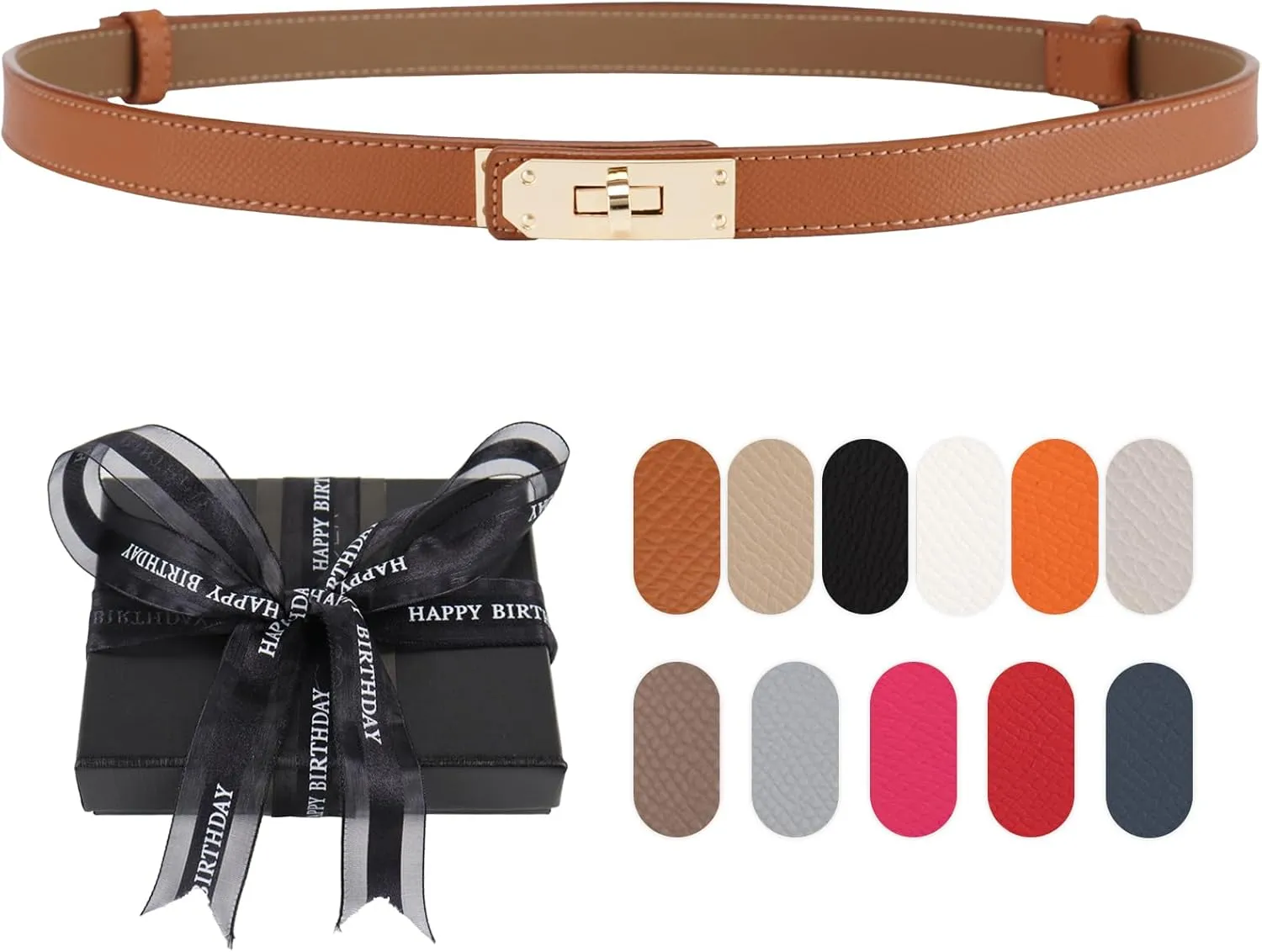 Women's Skinny Belt with Turn-Lock Buckle, Adjustable Women Leather Belt for Dresses, Jeans, Coats