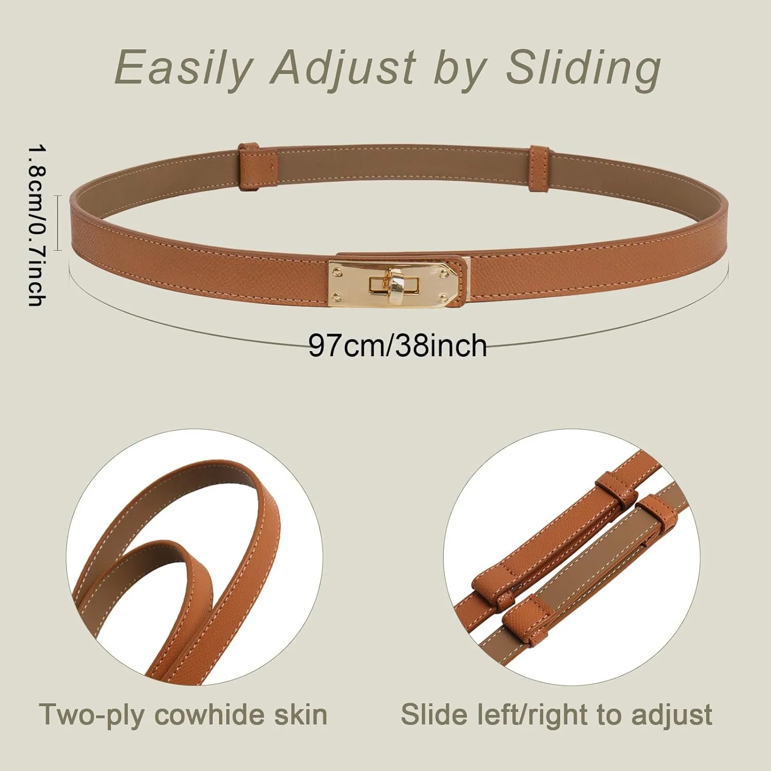 Women's Skinny Belt with Turn-Lock Buckle, Adjustable Women Leather Belt for Dresses, Jeans, Coats