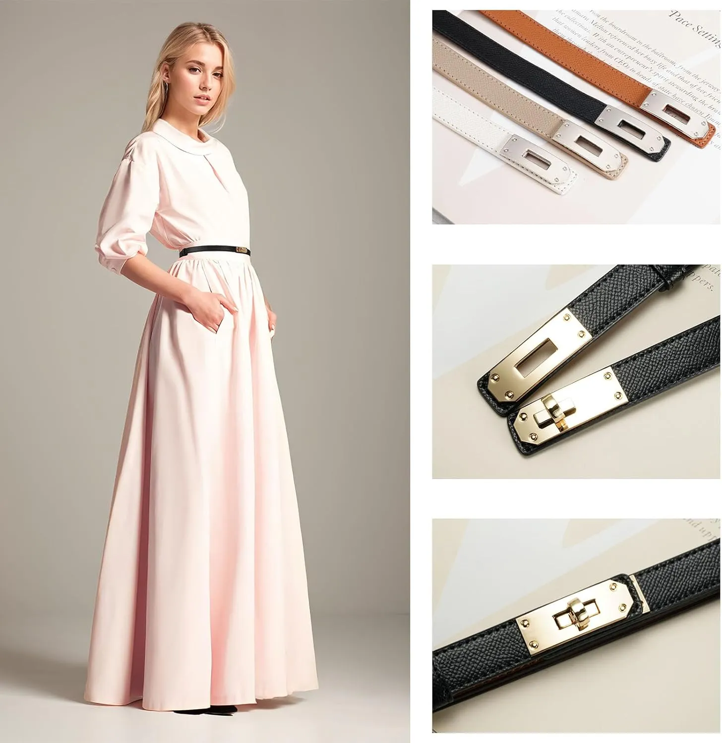 Women's Skinny Belt with Turn-Lock Buckle, Adjustable Women Leather Belt for Dresses, Jeans, Coats
