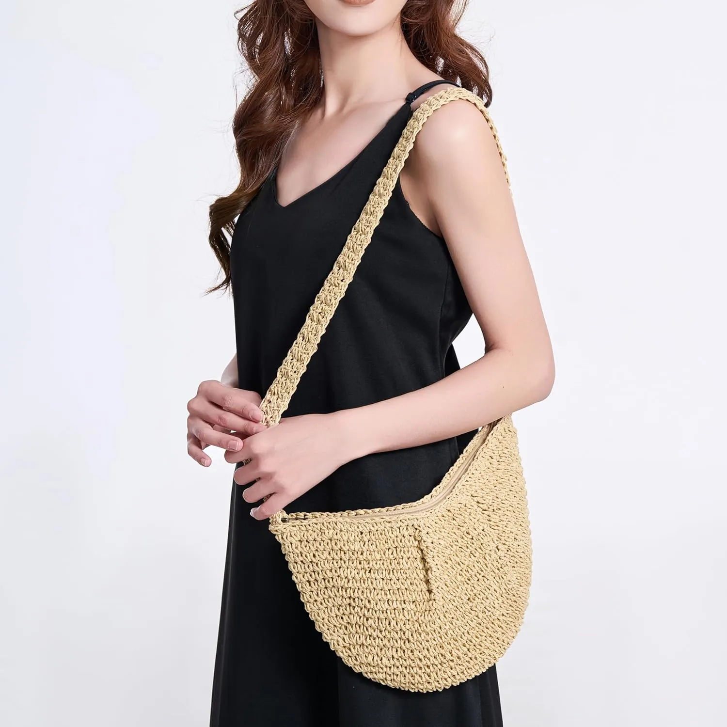 Women's Small Handmade Woven Straw Summer Beach Crescent Hobo Crossbody Bag