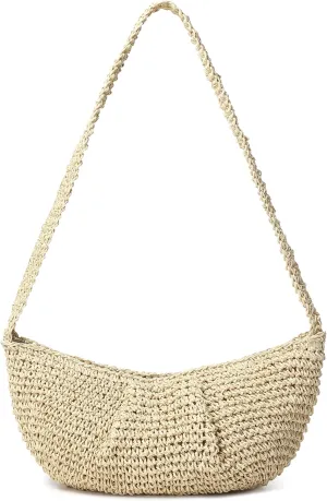 Women's Small Handmade Woven Straw Summer Beach Crescent Hobo Crossbody Bag