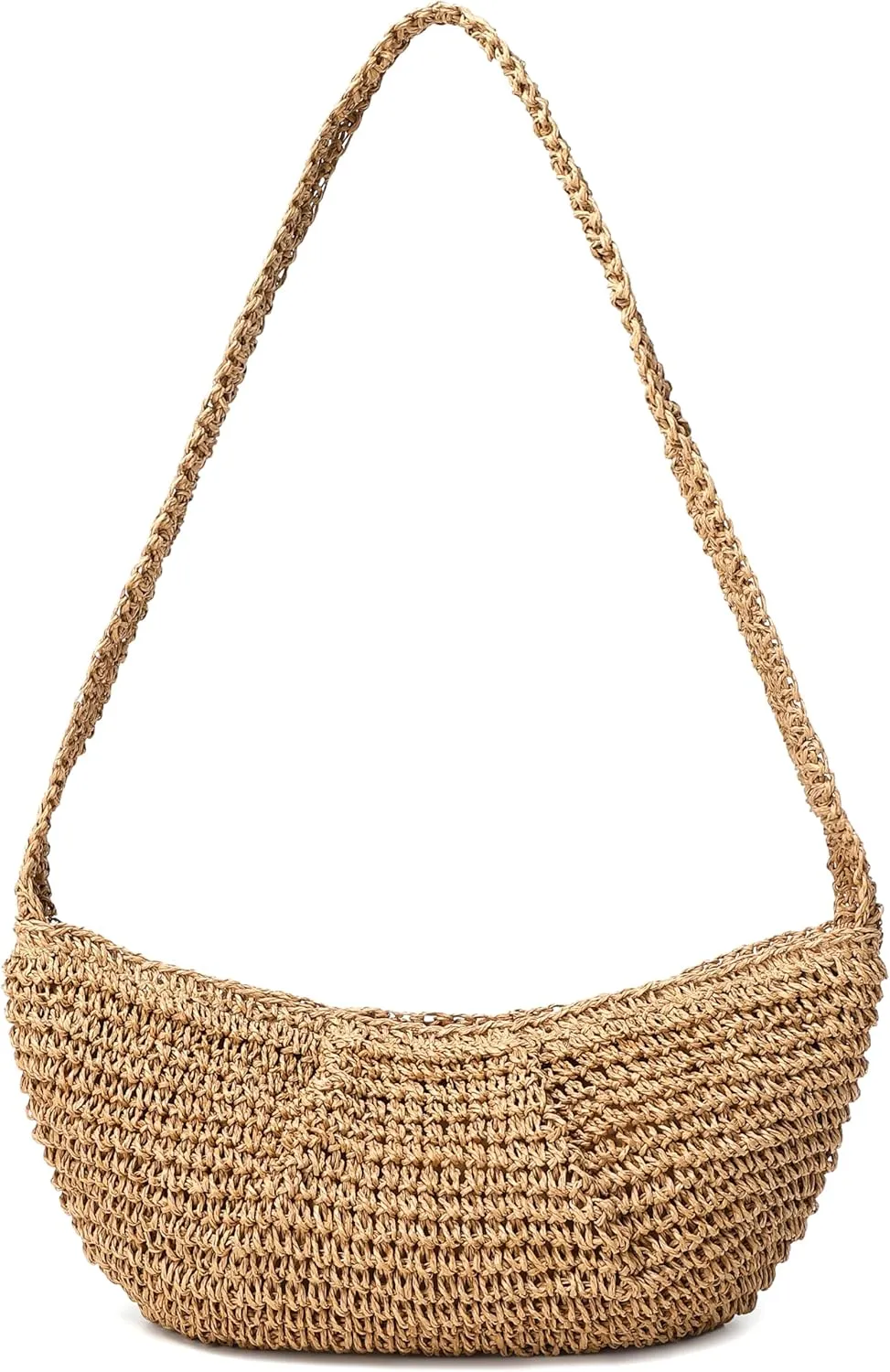 Women's Small Handmade Woven Straw Summer Beach Crescent Hobo Crossbody Bag