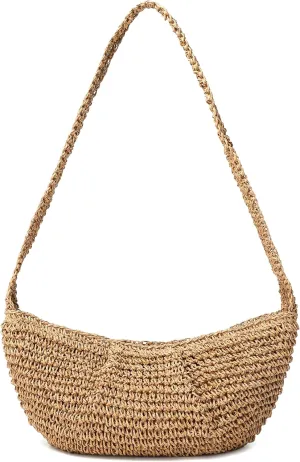 Women's Small Handmade Woven Straw Summer Beach Crescent Hobo Crossbody Bag