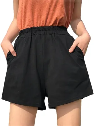 Women's Solid Color Casual Shorts Elastic Waist Pockets Vintage Sports Shorts