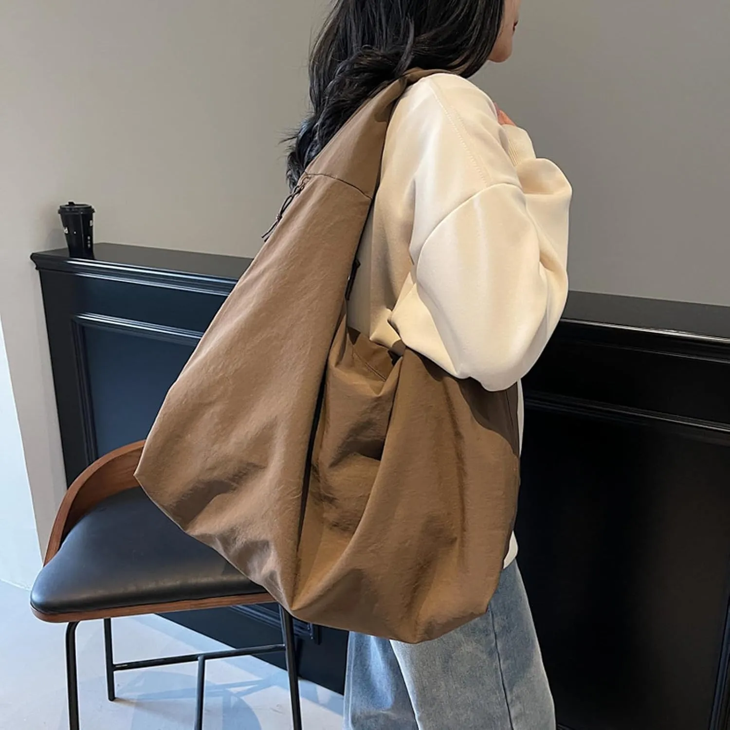Women's Solid Color Textured Draped Tote Bag, Large Capacity Minimalist Versatile Shoulder Hobo Bag Travel Sport