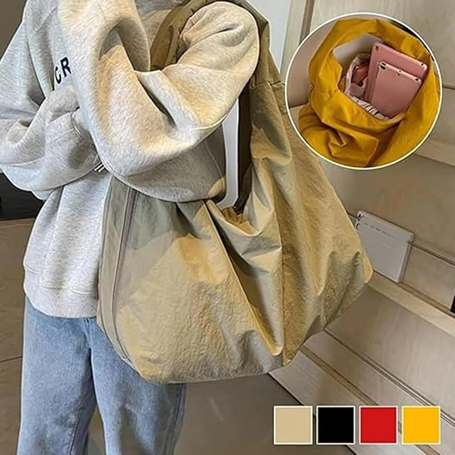 Women's Solid Color Textured Draped Tote Bag, Large Capacity Minimalist Versatile Shoulder Hobo Bag Travel Sport
