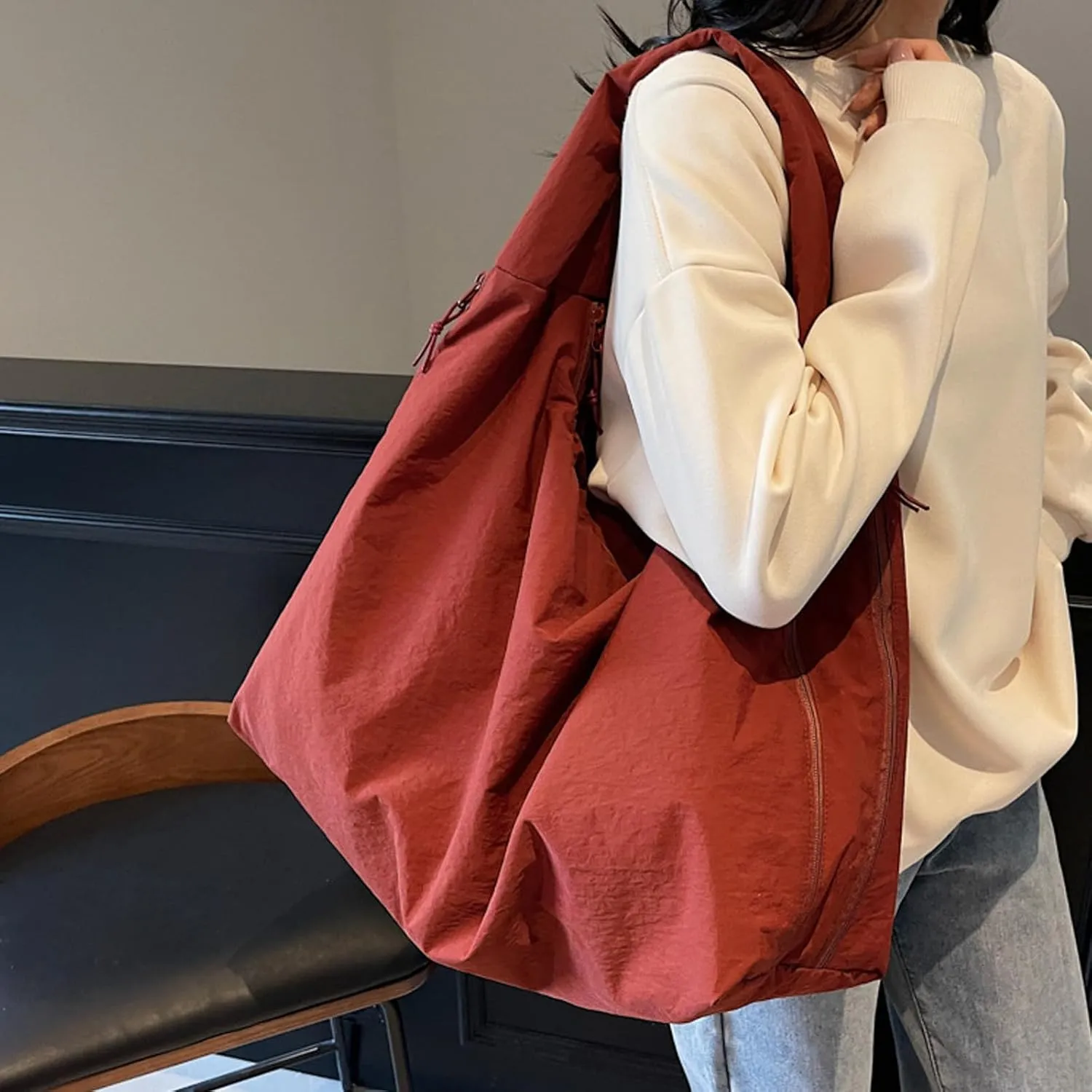 Women's Solid Color Textured Draped Tote Bag Minimalist Versatile Large Capacity Shoulder Hobo Bag Travel Sport
