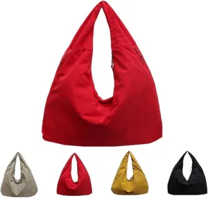 Women's Solid Color Textured Draped Tote Bag, Nylon Tote Bag, Casual Hobo Crossbody Shoulder Bag for Women