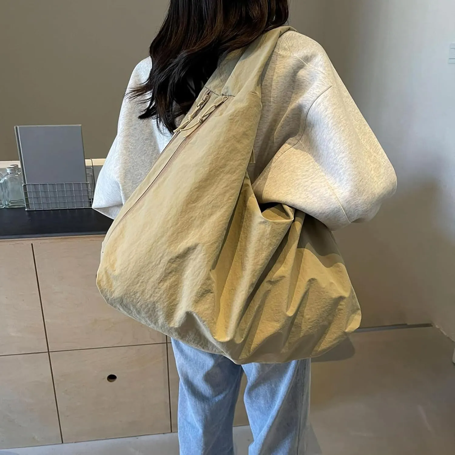 Women's Solid Color Textured Draped Tote Bag, Nylon Tote Bag, Casual Hobo Crossbody Shoulder Bag for Women