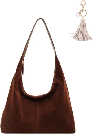 Women's Suede Tote Bag - Slouchy Hobo Handbag for Office & Everyday Use with Accessories