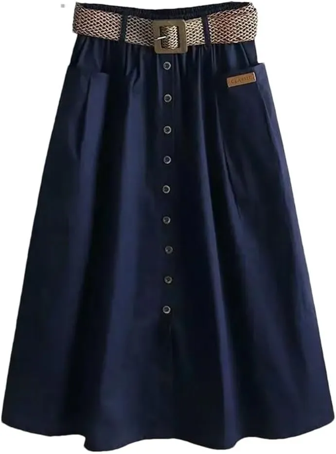 Women's Summer Cotton High Waist Skirt Elastic Waist Mid-Length with Pocket A- Line Skirt