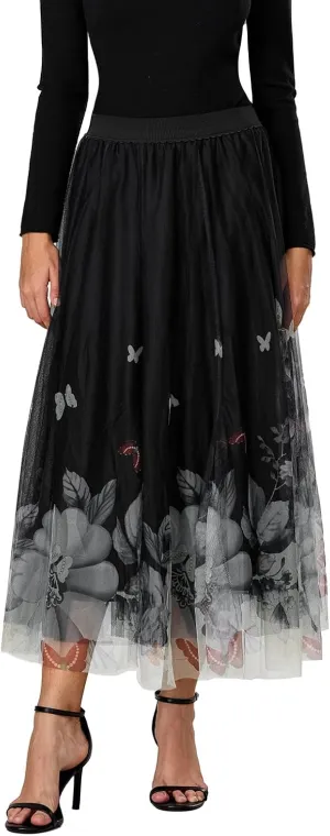 Women's Tulle Midi Skirt Elastic High Waist Layered Pleated Mesh Flowy A-Line Prom Party Long Tutu Skirts