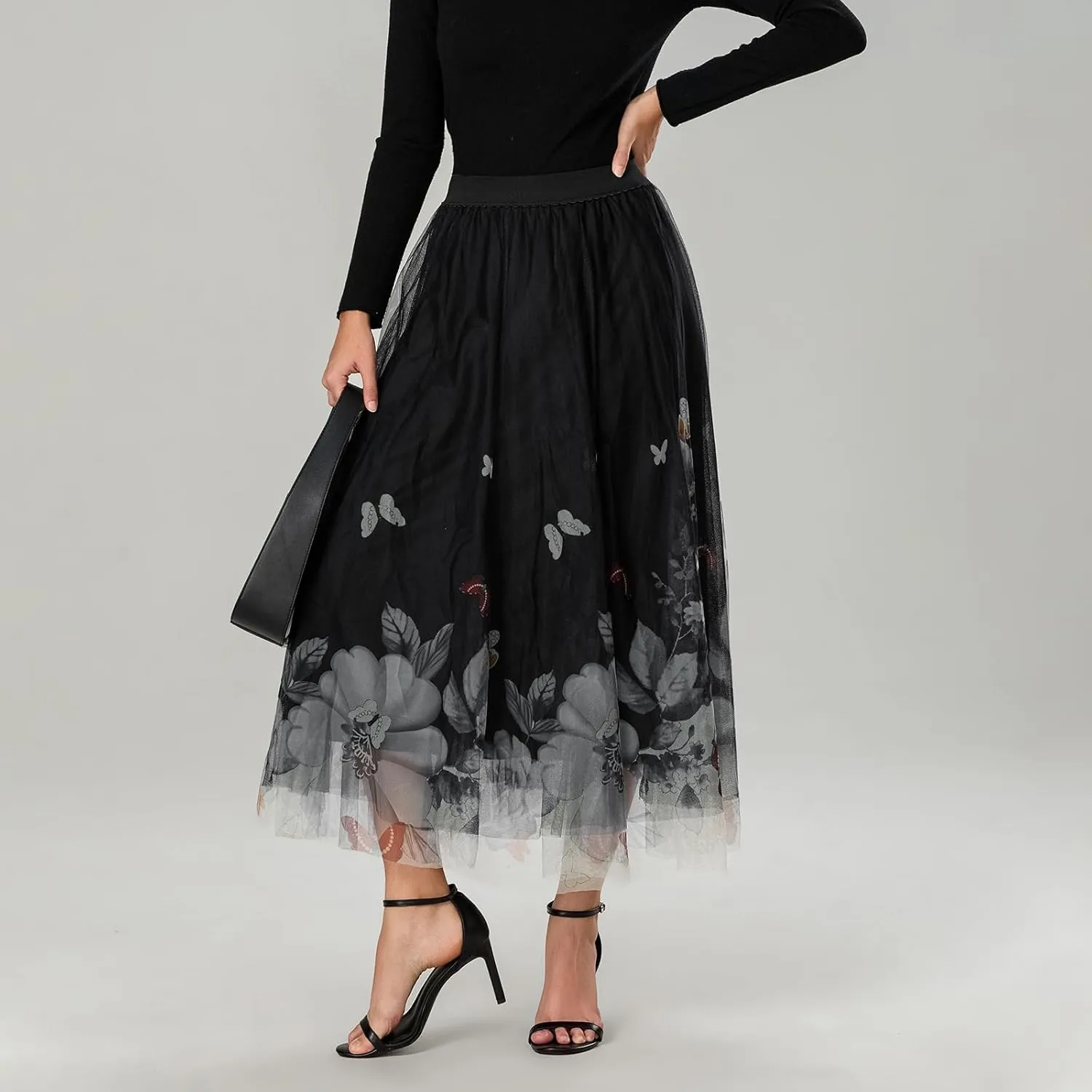 Women's Tulle Midi Skirt Elastic High Waist Layered Pleated Mesh Flowy A-Line Prom Party Long Tutu Skirts