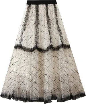 Women's Tulle Midi Skirt Elastic High Waist Layered Pleated Mesh Flowy A-Line Prom Party Long Tutu Skirts