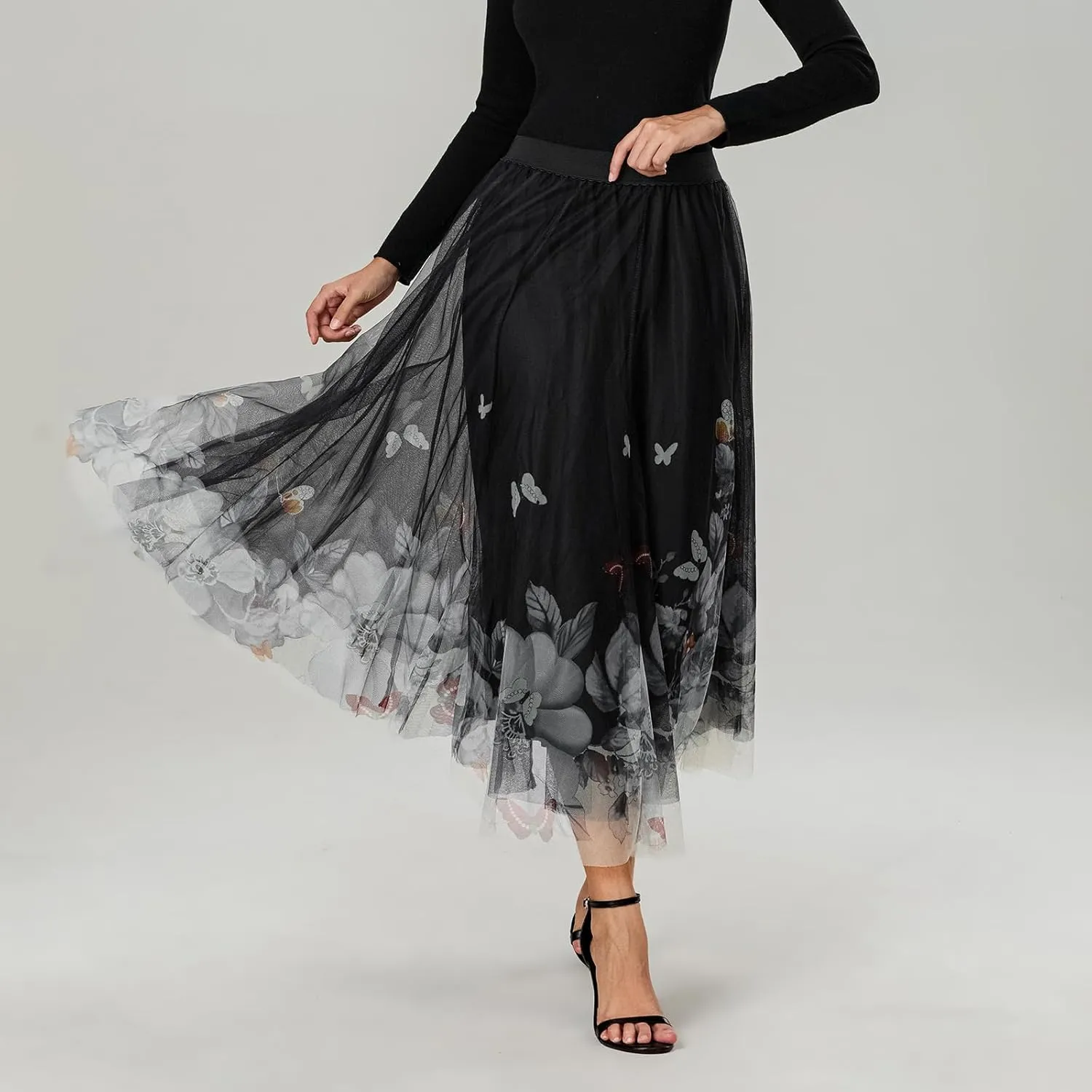 Women's Tulle Midi Skirt Elastic High Waist Layered Pleated Mesh Flowy A-Line Prom Party Long Tutu Skirts