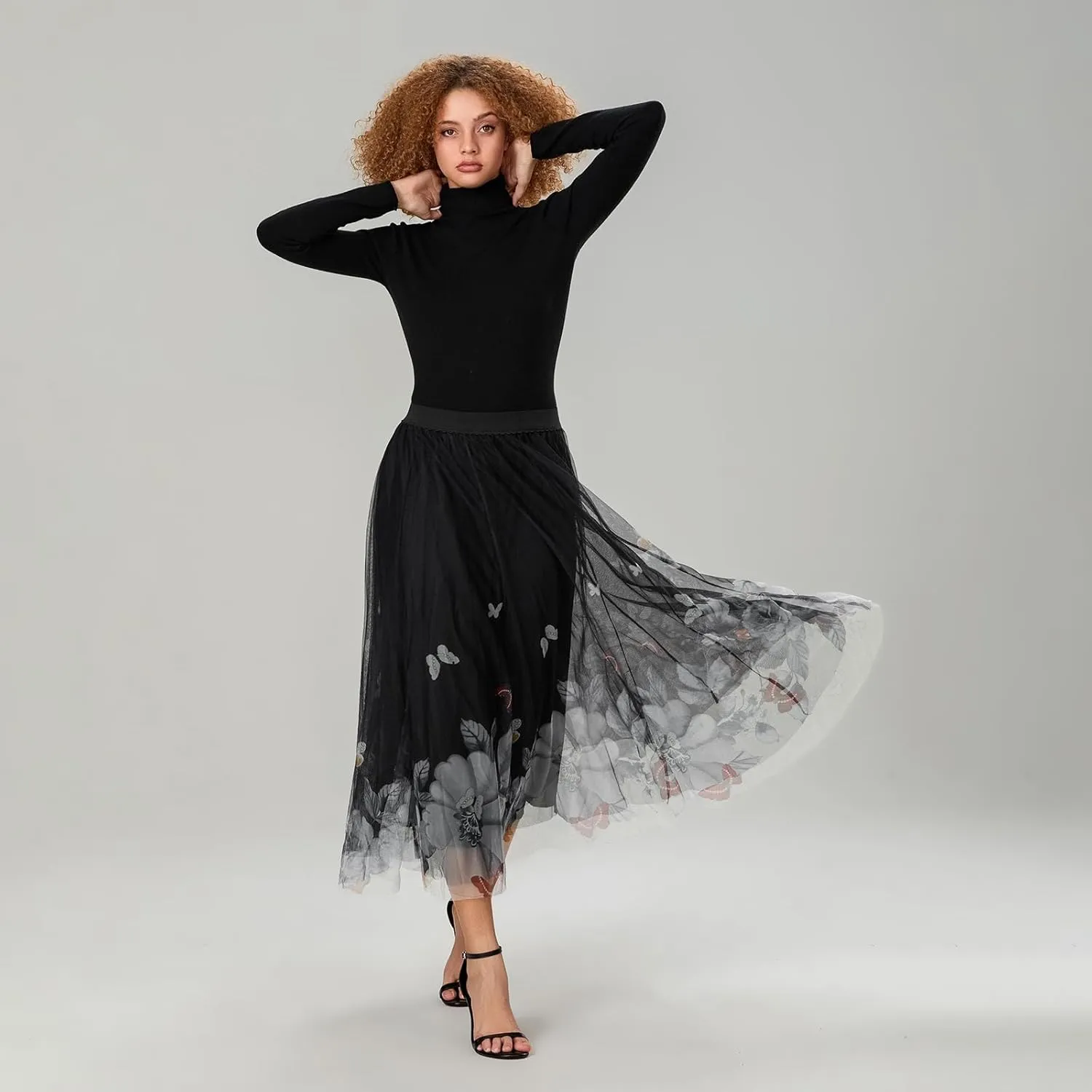 Women's Tulle Midi Skirt Elastic High Waist Layered Pleated Mesh Flowy A-Line Prom Party Long Tutu Skirts