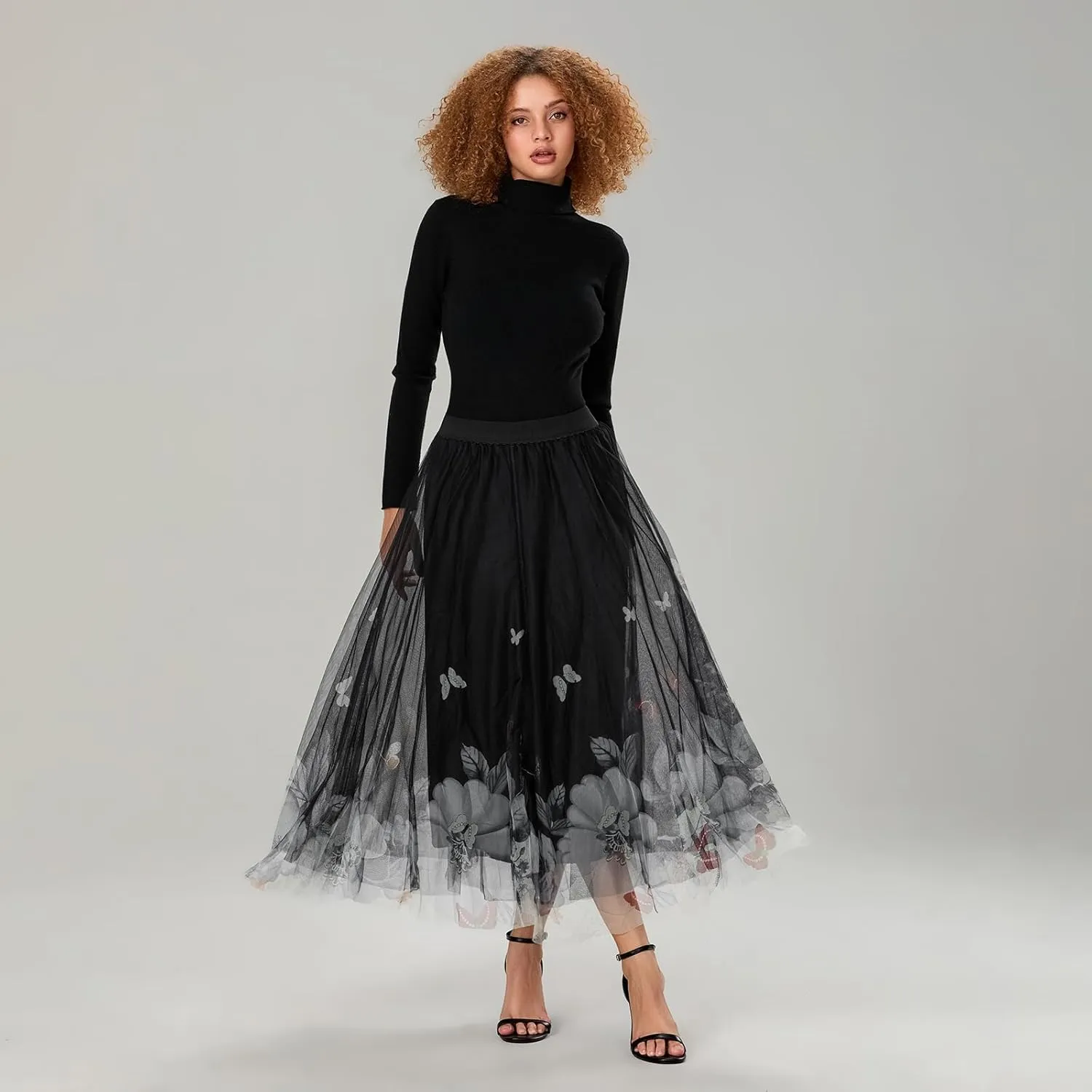 Women's Tulle Midi Skirt Elastic High Waist Layered Pleated Mesh Flowy A-Line Prom Party Long Tutu Skirts
