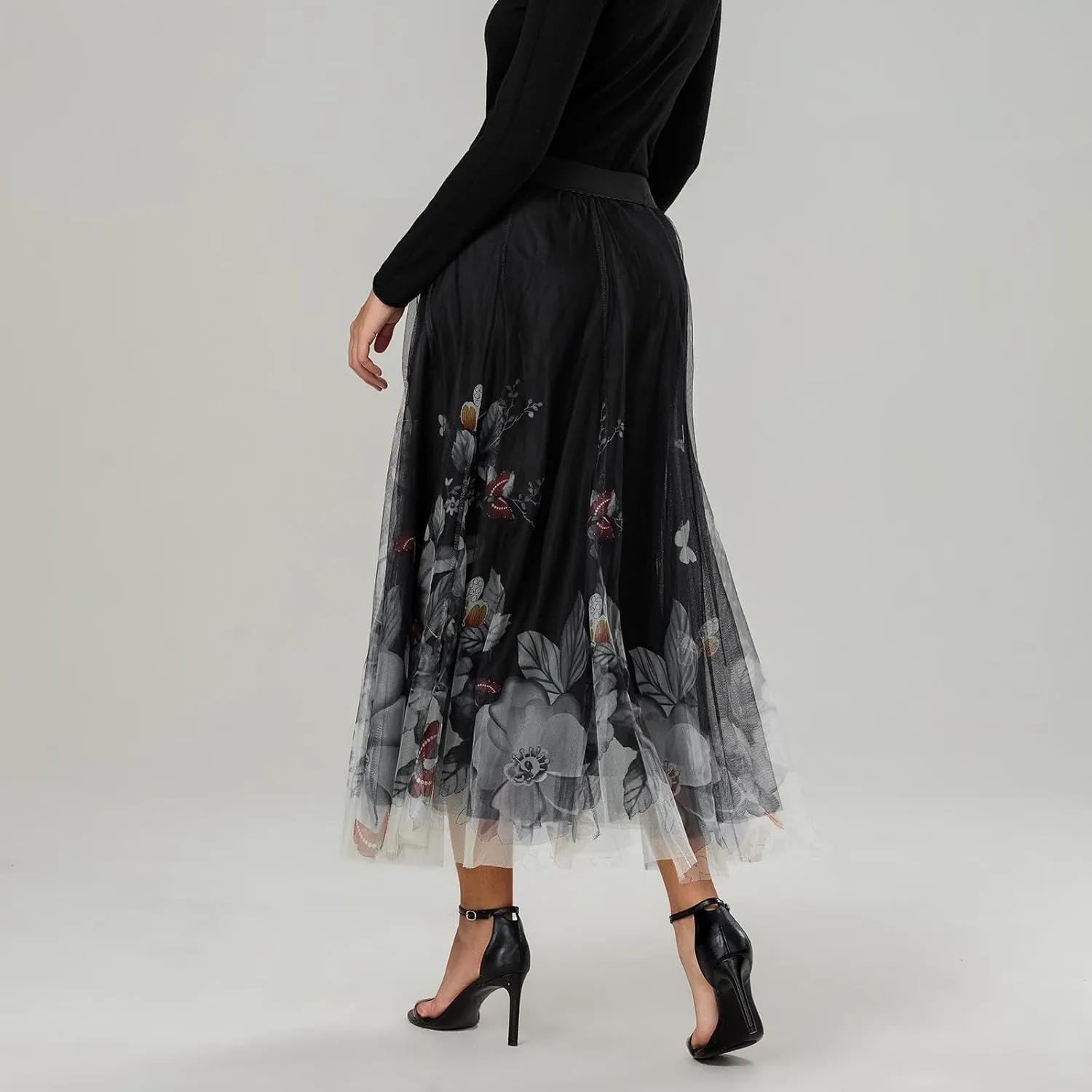 Women's Tulle Midi Skirt Elastic High Waist Layered Pleated Mesh Flowy A-Line Prom Party Long Tutu Skirts