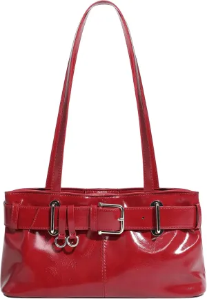 Women's Vegan Leather East West Y2K Buckle Belt Satchel Tote Shoulder Bag