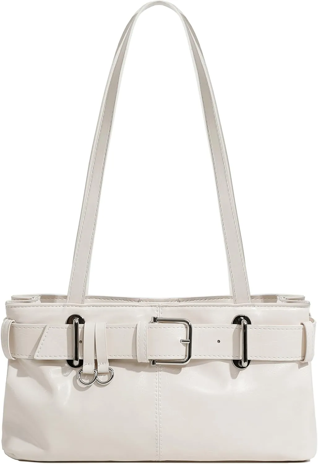 Women's Vegan Leather East West Y2K Buckle Belt Satchel Tote Shoulder Bag