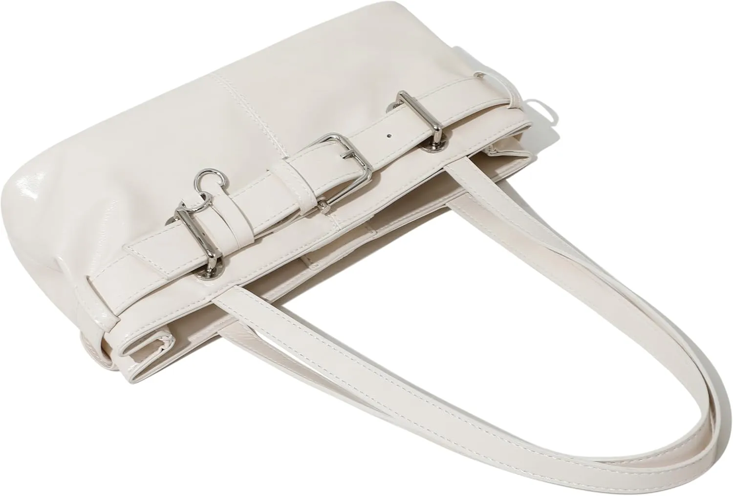 Women's Vegan Leather East West Y2K Buckle Belt Satchel Tote Shoulder Bag