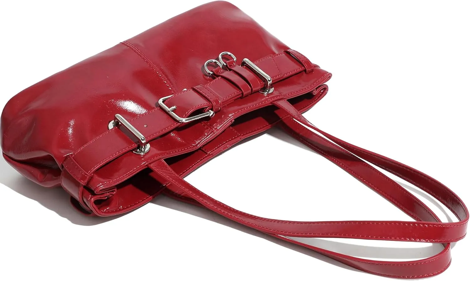 Women's Vegan Leather East West Y2K Buckle Belt Satchel Tote Shoulder Bag