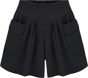 Women's Wide Leg Beach Shorts with Pockets | Elastic Waist Loose Fit Summer Shorts | Plus Size Casual Yoga Running Shorts Black L