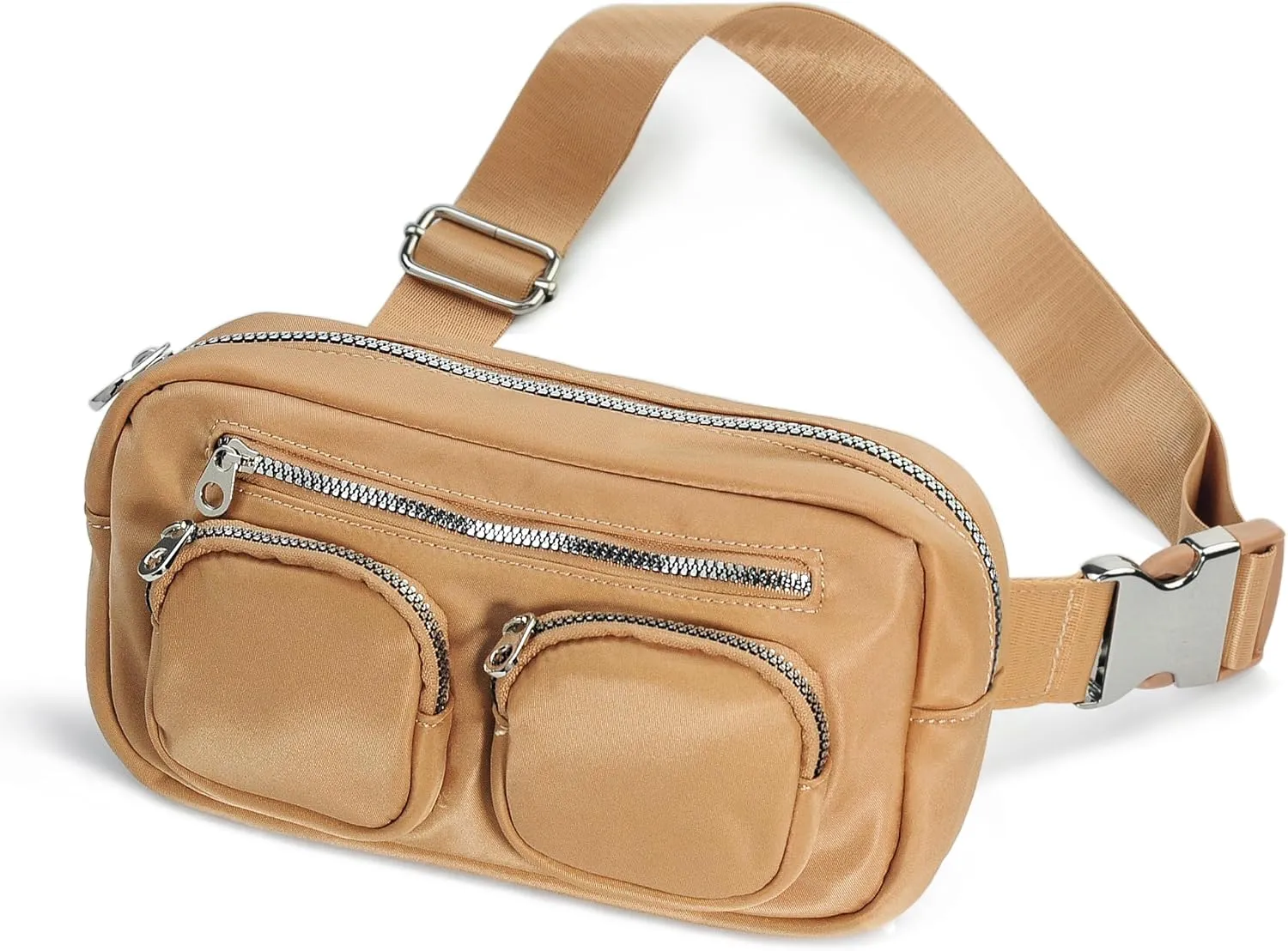 Women's Zipper Pockets Fanny Packs Nylon Waist bag Everywhere Belt bag (Tan)